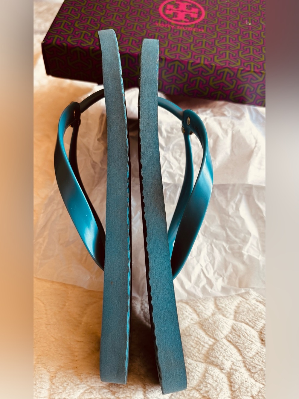 Tory Burch Turquoise Blue Floral Logo Flip Flops with Gold Medallions - Picture 2 of 5